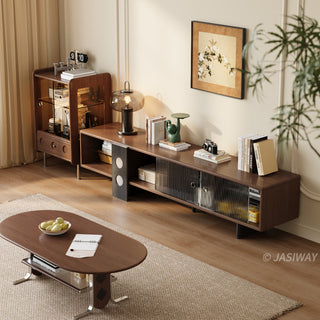 JASIWAY mid-century modern low-profile media console featuring walnut wood and boxwood finish, fluted glass sliding doors, and sleek black support legs with integrated open shelving and modular storage.-High-angle diagonal view