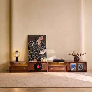 JASIWAY mid-century modern modular storage system crafted from premium dark walnut wood, featuring low-profile cabinets with integrated ambient LED lighting, fluted glass display compartments, and specialized vinyl record storage drawers for a bespoke living room media console or sideboard.-Front view of one-line system