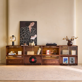 JASIWAY mid-century modern modular storage system crafted from premium dark walnut wood, featuring low-profile cabinets with integrated ambient LED lighting, fluted glass display compartments, and specialized vinyl record storage drawers for a bespoke living room media console or sideboard.-Front view of doule-layer system