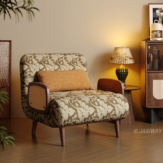 JASIWAY mid-century modern sleeper chair featuring vintage floral upholstery, solid wood frame with natural cane woven rattan armrests, and 3-in-1 convertible design as an armchair, lounge chaise, or guest bed for space-saving home decor.-Three-quarter view of chair mode