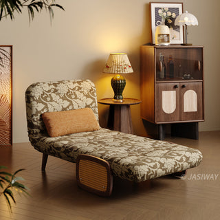 JASIWAY mid-century modern sleeper chair featuring vintage floral upholstery, solid wood frame with natural cane woven rattan armrests, and 3-in-1 convertible design as an armchair, lounge chaise, or guest bed for space-saving home decor.-Three-quarter view of chaise mode