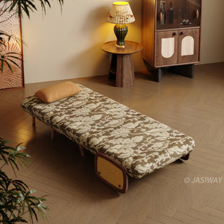 JASIWAY mid-century modern sleeper chair featuring vintage floral upholstery, solid wood frame with natural cane woven rattan armrests, and 3-in-1 convertible design as an armchair, lounge chaise, or guest bed for space-saving home decor.-High-angle view of bed mode