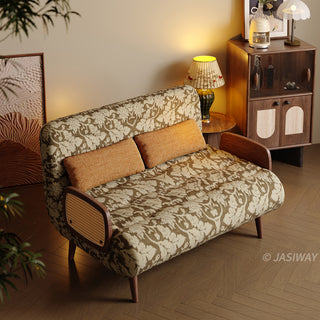 JASIWAY mid-century modern sleeper chair featuring vintage floral upholstery, solid wood frame with natural cane woven rattan armrests, and 3-in-1 convertible design as an armchair, lounge chaise, or guest bed for space-saving home decor.-High-angle view of chair mode