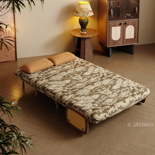 JASIWAY mid-century modern sleeper chair featuring vintage floral upholstery, solid wood frame with natural cane woven rattan armrests, and 3-in-1 convertible design as an armchair, lounge chaise, or guest bed for space-saving home decor.-High-angle view of bed mode