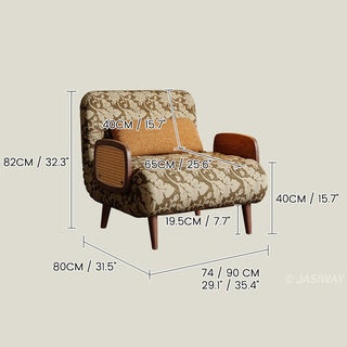 JASIWAY mid-century modern sleeper chair featuring vintage floral upholstery, solid wood frame with natural cane woven rattan armrests, and 3-in-1 convertible design as an armchair, lounge chaise, or guest bed for space-saving home decor.-Dimensions chart