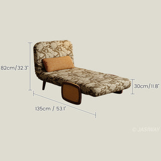 JASIWAY mid-century modern sleeper chair featuring vintage floral upholstery, solid wood frame with natural cane woven rattan armrests, and 3-in-1 convertible design as an armchair, lounge chaise, or guest bed for space-saving home decor.-Dimensions chart
