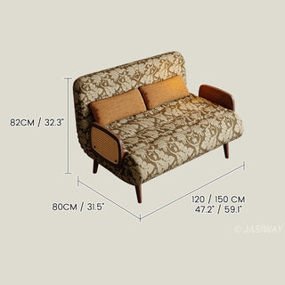 JASIWAY mid-century modern sleeper chair featuring vintage floral upholstery, solid wood frame with natural cane woven rattan armrests, and 3-in-1 convertible design as an armchair, lounge chaise, or guest bed for space-saving home decor.-Dimensions chart