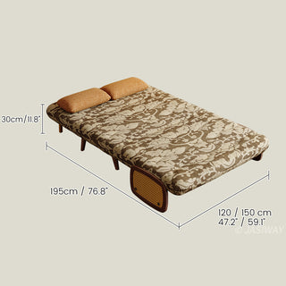 JASIWAY mid-century modern sleeper chair featuring vintage floral upholstery, solid wood frame with natural cane woven rattan armrests, and 3-in-1 convertible design as an armchair, lounge chaise, or guest bed for space-saving home decor.-Dimensions chart