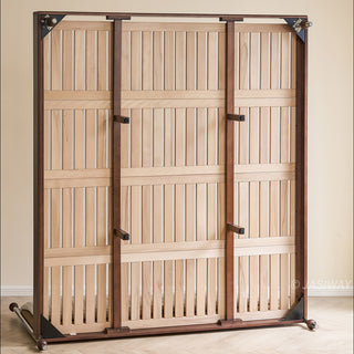 A full-frame view of the bed frame standing upright, revealing the robust construction of the solid wood support slats and central reinforcement beams that ensure durability and mattress stability.