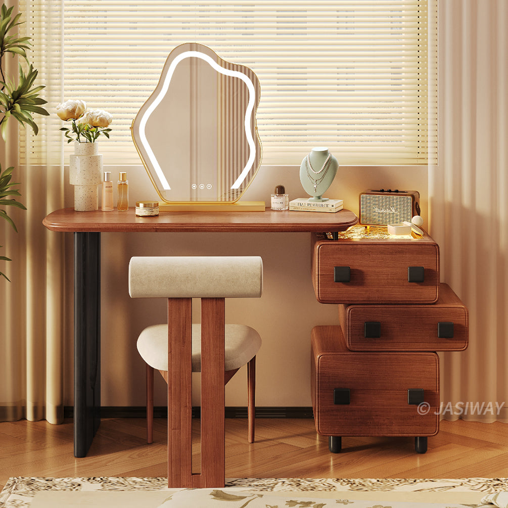 JASIWAY Mid-Century Solid Wood Vanity Desk with 3-Drawer Storage Cabinet