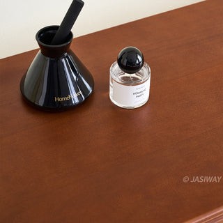 JASIWAY mid-century modern solid wood vanity minimalist walnut finish makeup table with integrated three-drawer floating storage cabinet, featuring premium wood grain textures, rounded edges, and contemporary matte black hardware, ideal for high-end bedroom interior design.-Close-up of tabletop