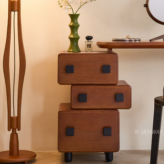 JASIWAY mid-century modern solid wood vanity minimalist walnut finish makeup table with integrated three-drawer floating storage cabinet, featuring premium wood grain textures, rounded edges, and contemporary matte black hardware, ideal for high-end bedroom interior design.-Front view of cabinet