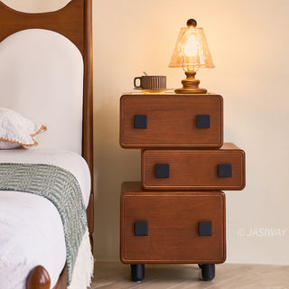 JASIWAY mid-century modern solid wood vanity minimalist walnut finish makeup table with integrated three-drawer floating storage cabinet, featuring premium wood grain textures, rounded edges, and contemporary matte black hardware, ideal for high-end bedroom interior design.-Front view of cabinet as nightstand