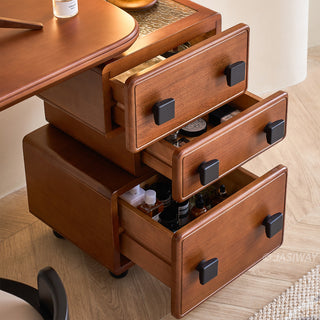 JASIWAY mid-century modern solid wood vanity minimalist walnut finish makeup table with integrated three-drawer floating storage cabinet, featuring premium wood grain textures, rounded edges, and contemporary matte black hardware, ideal for high-end bedroom interior design.-High-angle view with drawers open