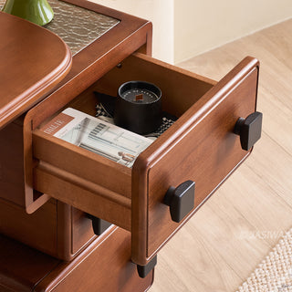 JASIWAY mid-century modern solid wood vanity minimalist walnut finish makeup table with integrated three-drawer floating storage cabinet, featuring premium wood grain textures, rounded edges, and contemporary matte black hardware, ideal for high-end bedroom interior design.-Close-up of drawer open