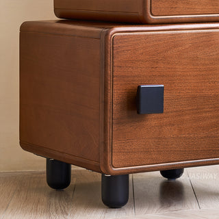 JASIWAY mid-century modern solid wood vanity minimalist walnut finish makeup table with integrated three-drawer floating storage cabinet, featuring premium wood grain textures, rounded edges, and contemporary matte black hardware, ideal for high-end bedroom interior design.-Close-up of cabinet base