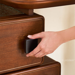JASIWAY mid-century modern solid wood vanity minimalist walnut finish makeup table with integrated three-drawer floating storage cabinet, featuring premium wood grain textures, rounded edges, and contemporary matte black hardware, ideal for high-end bedroom interior design.-Close-up of handle