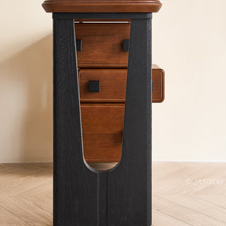 JASIWAY mid-century modern solid wood vanity minimalist walnut finish makeup table with integrated three-drawer floating storage cabinet, featuring premium wood grain textures, rounded edges, and contemporary matte black hardware, ideal for high-end bedroom interior design.-Close-up of leg structure