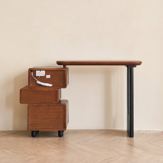 JASIWAY mid-century modern solid wood vanity minimalist walnut finish makeup table with integrated three-drawer floating storage cabinet, featuring premium wood grain textures, rounded edges, and contemporary matte black hardware, ideal for high-end bedroom interior design.-Rear view