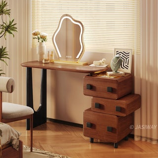 JASIWAY mid-century modern solid wood vanity minimalist walnut finish makeup table with integrated three-drawer floating storage cabinet, featuring premium wood grain textures, rounded edges, and contemporary matte black hardware, ideal for high-end bedroom interior design.-Three-quarter view