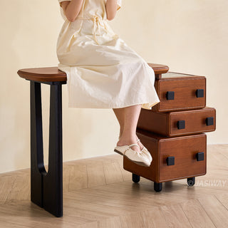 JASIWAY mid-century modern solid wood vanity minimalist walnut finish makeup table with integrated three-drawer floating storage cabinet, featuring premium wood grain textures, rounded edges, and contemporary matte black hardware, ideal for high-end bedroom interior design.-Load-bearing capacity