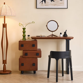 JASIWAY mid-century modern solid wood vanity minimalist walnut finish makeup table with integrated three-drawer floating storage cabinet, featuring premium wood grain textures, rounded edges, and contemporary matte black hardware, ideal for high-end bedroom interior design.-Front view