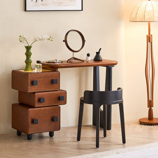 JASIWAY mid-century modern solid wood vanity minimalist walnut finish makeup table with integrated three-drawer floating storage cabinet, featuring premium wood grain textures, rounded edges, and contemporary matte black hardware, ideal for high-end bedroom interior design.-Three-quarter view