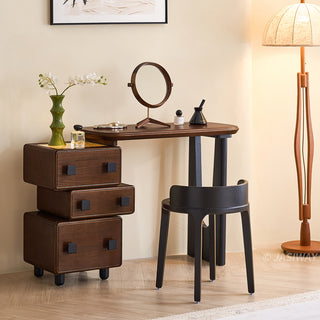 JASIWAY mid-century modern solid wood vanity minimalist walnut finish makeup table with integrated three-drawer floating storage cabinet, featuring premium wood grain textures, rounded edges, and contemporary matte black hardware, ideal for high-end bedroom interior design.-Three-quarter view