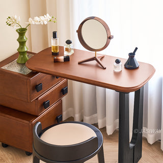 JASIWAY mid-century modern solid wood vanity minimalist walnut finish makeup table with integrated three-drawer floating storage cabinet, featuring premium wood grain textures, rounded edges, and contemporary matte black hardware, ideal for high-end bedroom interior design.-High-angle view