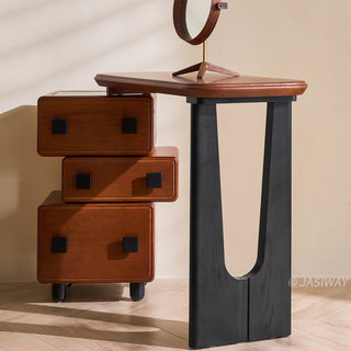 JASIWAY mid-century modern solid wood vanity minimalist walnut finish makeup table with integrated three-drawer floating storage cabinet, featuring premium wood grain textures, rounded edges, and contemporary matte black hardware, ideal for high-end bedroom interior design.-Diagonal view