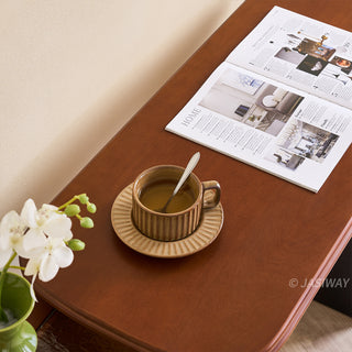 JASIWAY mid-century modern solid wood vanity minimalist walnut finish makeup table with integrated three-drawer floating storage cabinet, featuring premium wood grain textures, rounded edges, and contemporary matte black hardware, ideal for high-end bedroom interior design.-High-angle view of tabletop