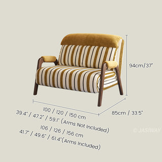 JASIWAY mid-century modern sleeper chair bed featuring a 3-in-1 convertible design with premium striped upholstery and ergonomic solid wood armrests, ideal for small spaces and guest lounge use.-Dimensions chart