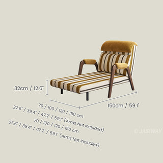 JASIWAY mid-century modern sleeper chair bed featuring a 3-in-1 convertible design with premium striped upholstery and ergonomic solid wood armrests, ideal for small spaces and guest lounge use.-Dimensions chart