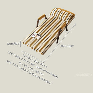 JASIWAY mid-century modern sleeper chair bed featuring a 3-in-1 convertible design with premium striped upholstery and ergonomic solid wood armrests, ideal for small spaces and guest lounge use.-Dimensions chart