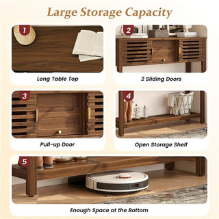 JASIWAY mid-century modern walnut console table featuring elegant slatted sliding doors, solid wood construction with a rich walnut finish, and a spacious bottom shelf for entryway storage and decorative display.-Storage capacity diagram