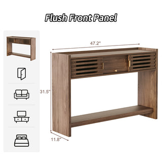 JASIWAY mid-century modern walnut console table featuring elegant slatted sliding doors, solid wood construction with a rich walnut finish, and a spacious bottom shelf for entryway storage and decorative display.-Dimension chart