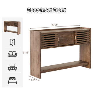 JASIWAY mid-century modern walnut console table featuring elegant slatted sliding doors, solid wood construction with a rich walnut finish, and a spacious bottom shelf for entryway storage and decorative display.-Dimension chart