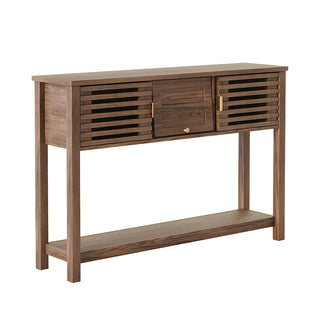 JASIWAY mid-century modern walnut console table featuring elegant slatted sliding doors, solid wood construction with a rich walnut finish, and a spacious bottom shelf for entryway storage and decorative display.-Three-quarter view
