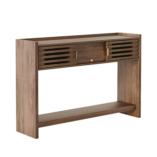 JASIWAY mid-century modern walnut console table featuring elegant slatted sliding doors, solid wood construction with a rich walnut finish, and a spacious bottom shelf for entryway storage and decorative display.-Three-quarter view