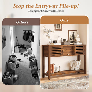 JASIWAY mid-century modern walnut console table featuring elegant slatted sliding doors, solid wood construction with a rich walnut finish, and a spacious bottom shelf for entryway storage and decorative display.-Comparison