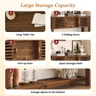 JASIWAY mid-century modern walnut console table featuring elegant slatted sliding doors, solid wood construction with a rich walnut finish, and a spacious bottom shelf for entryway storage and decorative display.-Multi-feature detail diagram