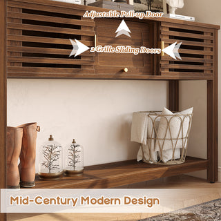 JASIWAY mid-century modern walnut console table featuring elegant slatted sliding doors, solid wood construction with a rich walnut finish, and a spacious bottom shelf for entryway storage and decorative display.-Door mechanism close-up