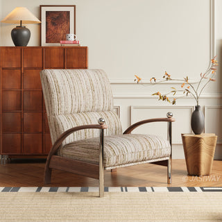 JASIWAY mid-century modern wood arm reclining accent chair featuring ergonomic push-back design, premium textured upholstery, and curved walnut-finish wooden armrests with stylish chrome metal accents for a sophisticated living room lounge experience.-Three-quarter view