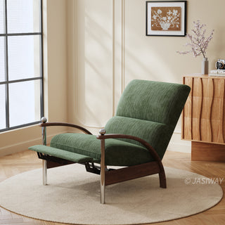 JASIWAY mid-century modern wood arm reclining accent chair featuring ergonomic push-back design, premium textured upholstery, and curved walnut-finish wooden armrests with stylish chrome metal accents for a sophisticated living room lounge experience.-Three-quarter view of push back function
