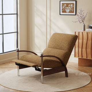 JASIWAY mid-century modern wood arm reclining accent chair featuring ergonomic push-back design, premium textured upholstery, and curved walnut-finish wooden armrests with stylish chrome metal accents for a sophisticated living room lounge experience.-Three-quarter view of push back function