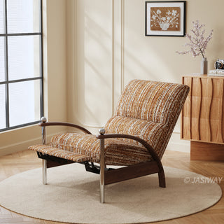 JASIWAY mid-century modern wood arm reclining accent chair featuring ergonomic push-back design, premium textured upholstery, and curved walnut-finish wooden armrests with stylish chrome metal accents for a sophisticated living room lounge experience.-Three-quarter view of push back function
