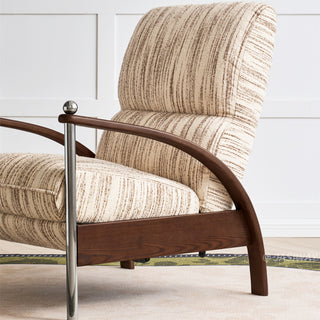 JASIWAY mid-century modern wood arm reclining accent chair featuring ergonomic push-back design, premium textured upholstery, and curved walnut-finish wooden armrests with stylish chrome metal accents for a sophisticated living room lounge experience.-Medium shot