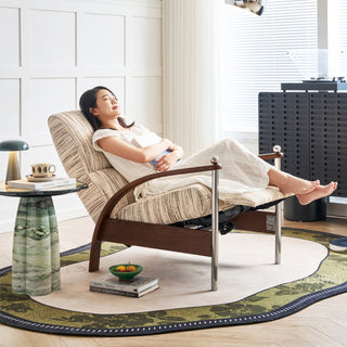 JASIWAY mid-century modern wood arm reclining accent chair featuring ergonomic push-back design, premium textured upholstery, and curved walnut-finish wooden armrests with stylish chrome metal accents for a sophisticated living room lounge experience.-Diagonal view with model sitting