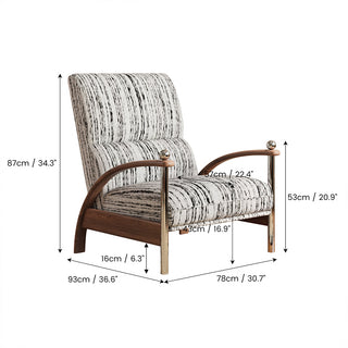 JASIWAY mid-century modern wood arm reclining accent chair featuring ergonomic push-back design, premium textured upholstery, and curved walnut-finish wooden armrests with stylish chrome metal accents for a sophisticated living room lounge experience.-Dimensions chart