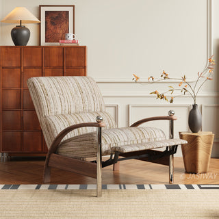 JASIWAY mid-century modern wood arm reclining accent chair featuring ergonomic push-back design, premium textured upholstery, and curved walnut-finish wooden armrests with stylish chrome metal accents for a sophisticated living room lounge experience.-Three-quarter view of push back function